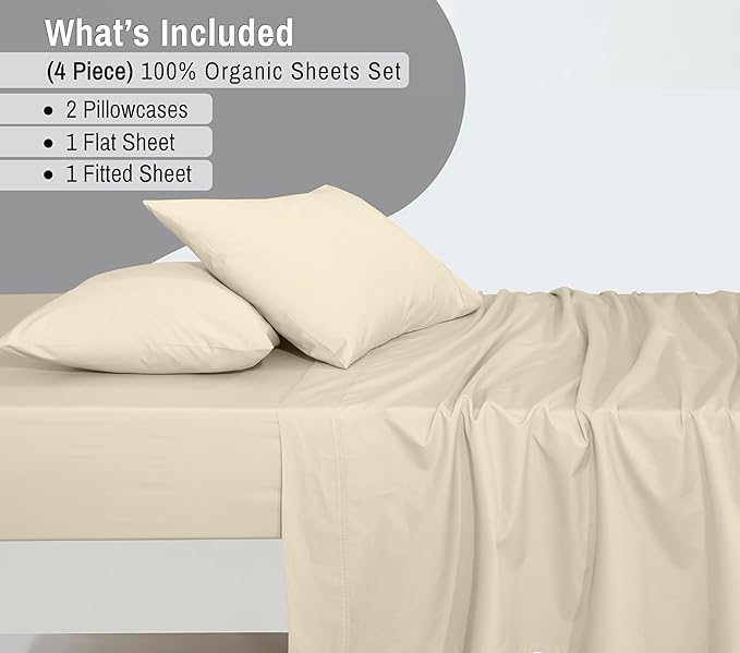 RUVANTI 100% Organic Cotton Sheets Full Size, Percale Weave, GOTS Certified, 4-Piece Set, Deep Pocket 15", Crisp & Breathable, Soft Durable Bedding, Sábanas Algodón Orgánico – Cloud Cream