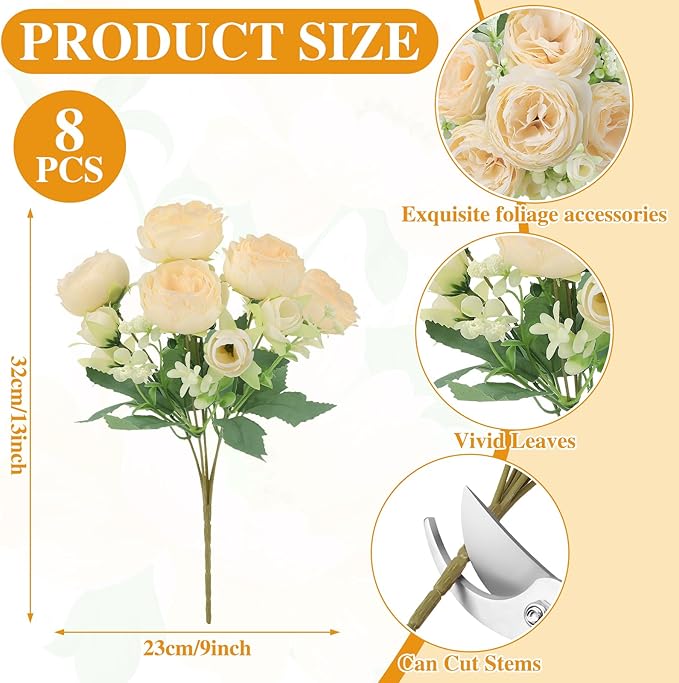 8 Pack Champagne Peonies Artificial Flowers, Cream Fake Silk Hydrangea Bouquet for Bridal Wedding Home Table Decor Reusable Dining Opening Ceremony Birthday Arrangement Faux Floral