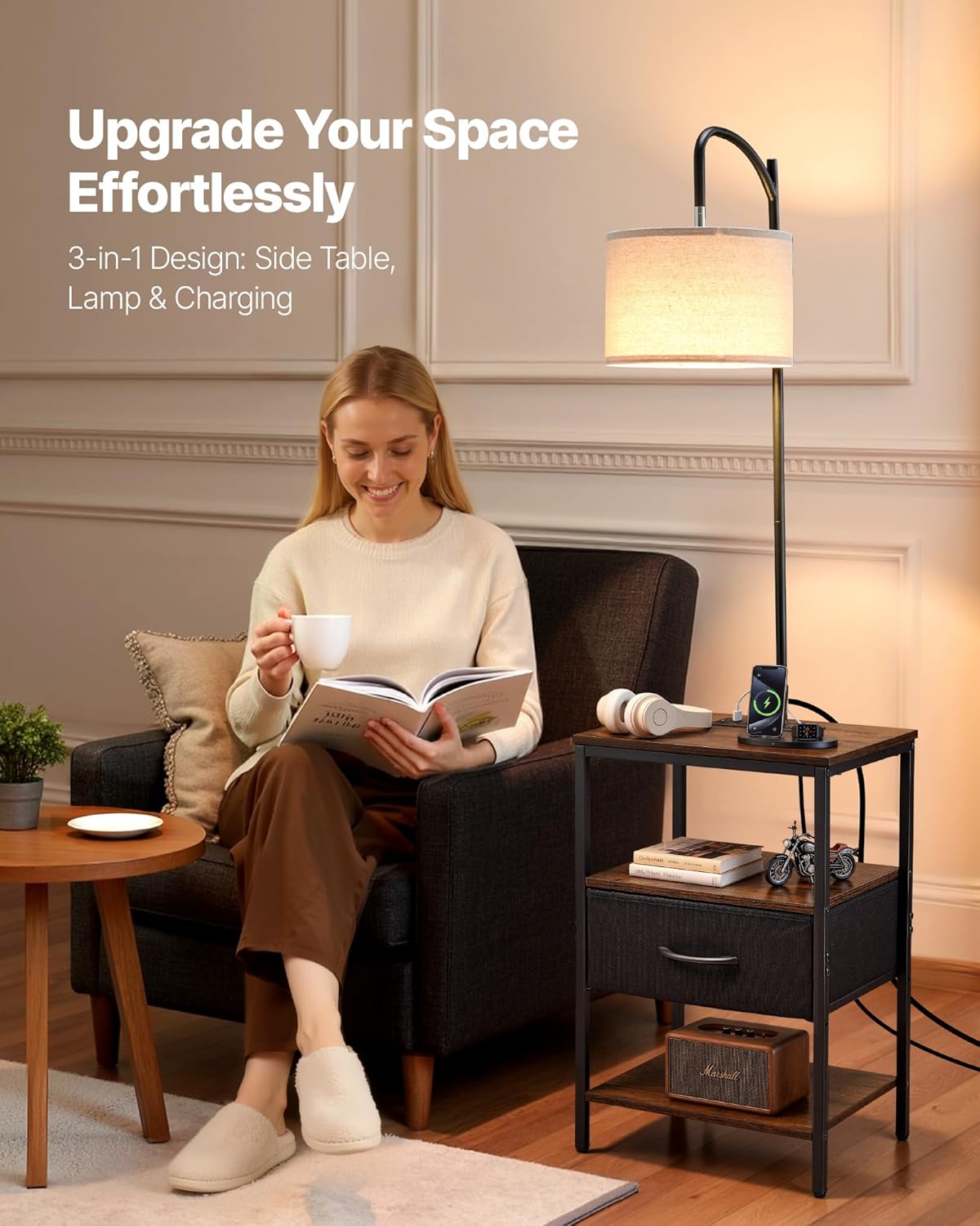 VEVOR Floor Lamp with Table - 3-Tier End Table & 3 Color Temperature Lighting | Modern Bedside Desk with USB & AC Charging Ports