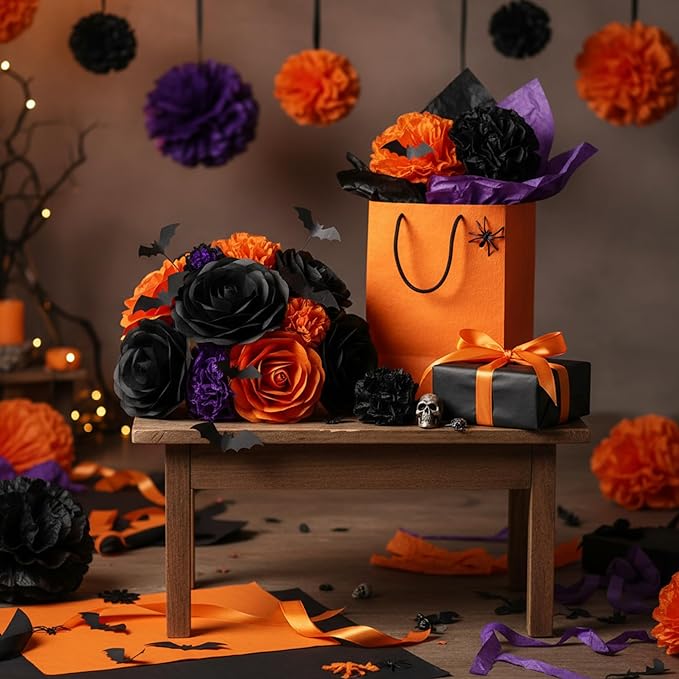 Qilery 500 Sheets Halloween Color Orange Black Tissue Paper Bulk for Gift Bags 15 x 20 Inch Acid Free Packaging Wrapping Decoupage Paper Sheets for Halloween Decor DIY Crafts, Costume Parties, Flower
