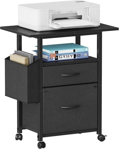GYIIYUO 2 Drawer File Cabinet - Mobile Rolling Filing Cabinet with Extended Desktop & Side Bag - Black