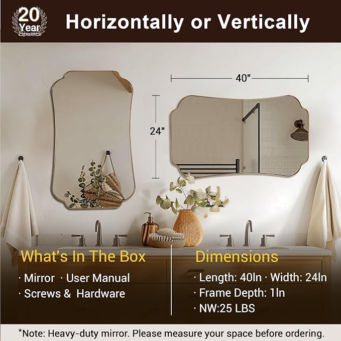 ANDY STAR 24"x40" Gold Mirror, Brushed Brass Scalloped Wall Mirror, Bathroom Wall Mirror with Stainless Steel Metal Framed Ideal for Bedroom, Hallway
