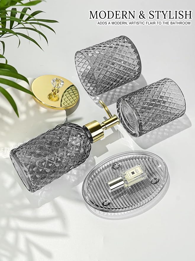 Haturi Gray Glass Bathroom Accessories Set, 4-Piece - Lotion Soap Dispenser, Toothbrush Holder, Cotton Swab Jar & Soap Dish – Elegant Gold Accent for Countertop & Housewarming Gift
