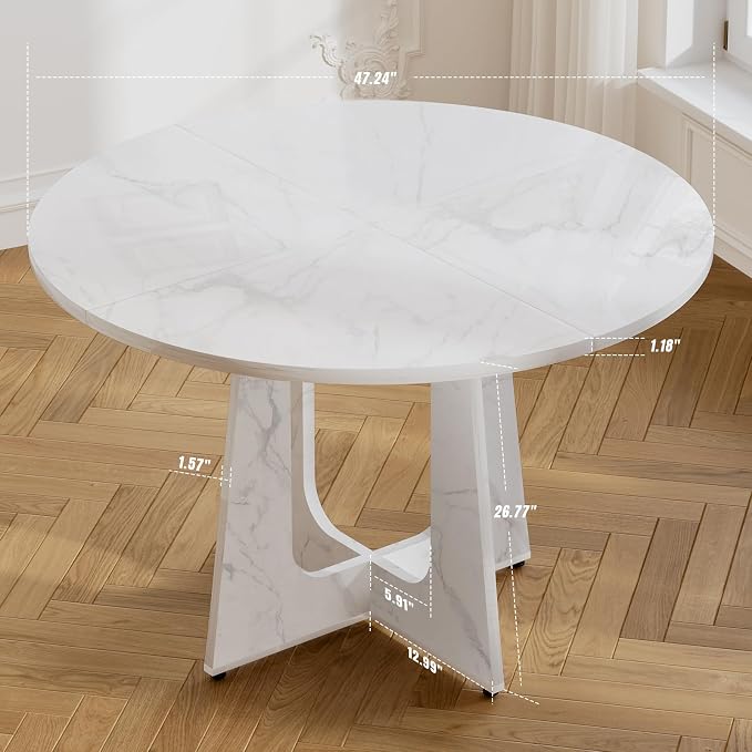 47" Round Dining Table for 4-6, Farmhouse Wood Kitchen Table, Mid-Century Wooden Circle Dinner Room Table Easy Assembly for Dining Room, Kitchen, Living Room (Faux Marble)