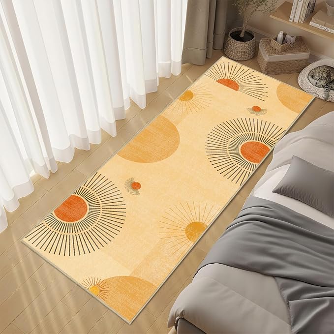 Sun Runner Rug 2x6 for Hallway Kitchen Bedroom,Mid Century Modern Runner Rugs Washable Boho Geometric Rug Non-Slip Printed Low Pile Long Floor Carpet Mat for Bedroom Laundry,Yellow