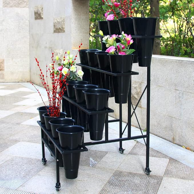 Zhongma 4 Tier Metal Flower Display Stand with 16pcs Plastic Buckets for Fresh Flowers Heavy Duty Garden Cart Moving Flower Bucket Stand with Wheels