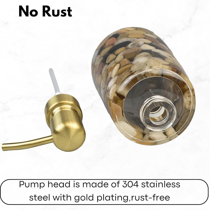 Handmade Refillable Soap Dispenser for Bathroom & Kitchen, Rocks Stone Soap Dispenser with Gold Stainless Steel Pump