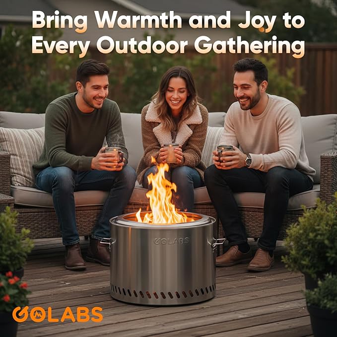 Golabs Smokeless Fire Pit 19.5", Portable with Handle, Stainless Steel Outdoor Firepit with Removable Ash Pan & Fire Poker, Easy to Clean, Efficient Heating & Less Ash, Perfect for Backyard & Camping