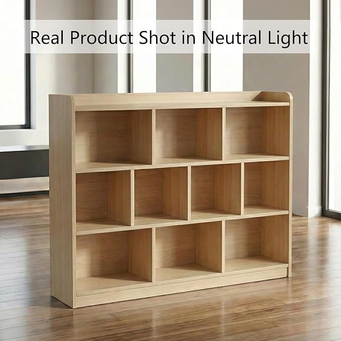 Oak Bookshelf, Wood Bookcase with 3 Tier Open Shelves, 10-Cube Minimalist Storage Shelf for Living Room, Bedroom, 43.3" W x 35.4" H