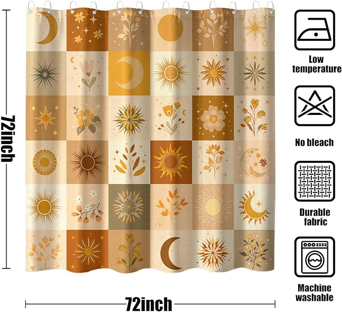 Boho Sun and Moon Shower Curtain, Mid-Century Modern Burnt Orange & Sage Grid Design, Abstract Floral Botanical Celestial Aesthetic Bathroom Decor, Waterproof Fabric, 72x72 Inch.