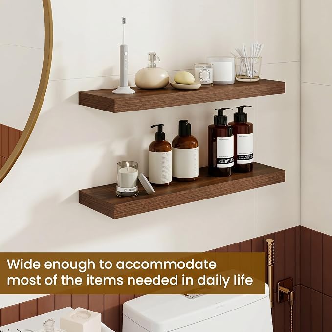 Dreamland 24Inch Floating Shelves for Wall, Rustic Wooden Black Floating Shelves for Bathroom|Bedroom|Kitchen, Deep Wall Mounted Book Shelf, Wood Storage Display Shelf for Home Decor, Set of 2
