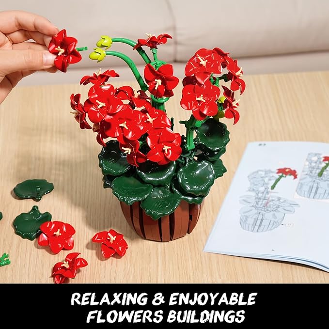 Flowers Geranium Botanicals Building Set - Artificial Bonsai Plants for Home Office Decor Display, 548PCS Geranium Flowers Pot Building Blocks for Adults Women Ages 12+ Gift for Christmas