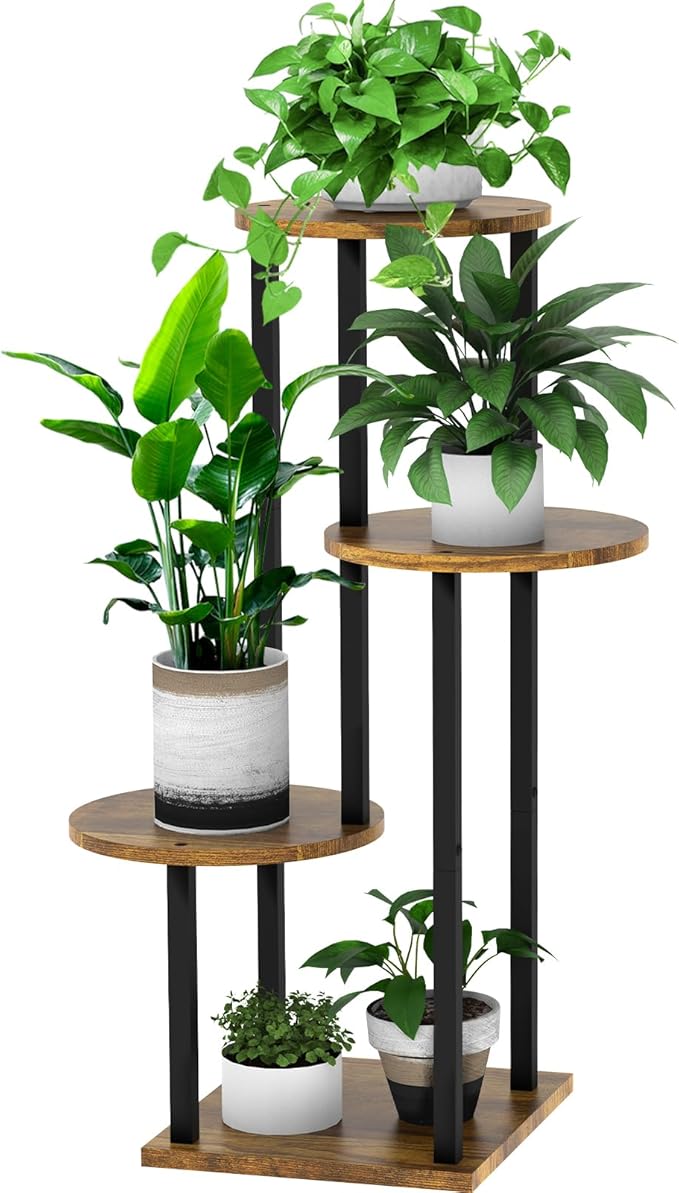 4 Tier Wood Tall Plant Stand Metal Rack Indoor, Multiple Flower Pot Holder Shelves Corner Rack, Round Planter Shelf Display Rack Storage Organizer for Patio Living Room Balcony(Black+Brown)