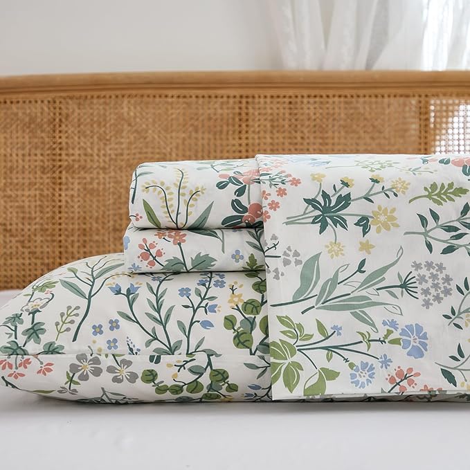 100% Cotton Sheet Set Queen Size – 4-Piece Vintage Green Garden Floral Bedding Set, Soft Breathable Percale Weave, Deep Pocket Fitted Sheet 17.5", Crisp Cool Feel, Refined Botanical Elegance