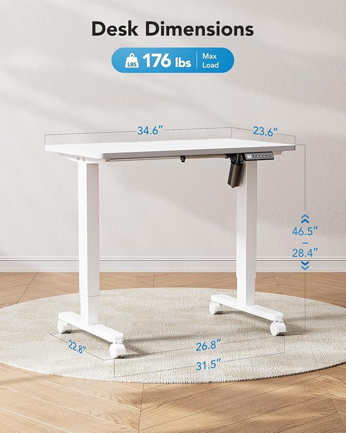 HUANUO Electric Small Standing Desk, 35" x 24" Whole Piece Desktop, Adjustable Height Computer Desk, 4 Height Memory Settings, Sit Stand Up Desk for Home Office, White