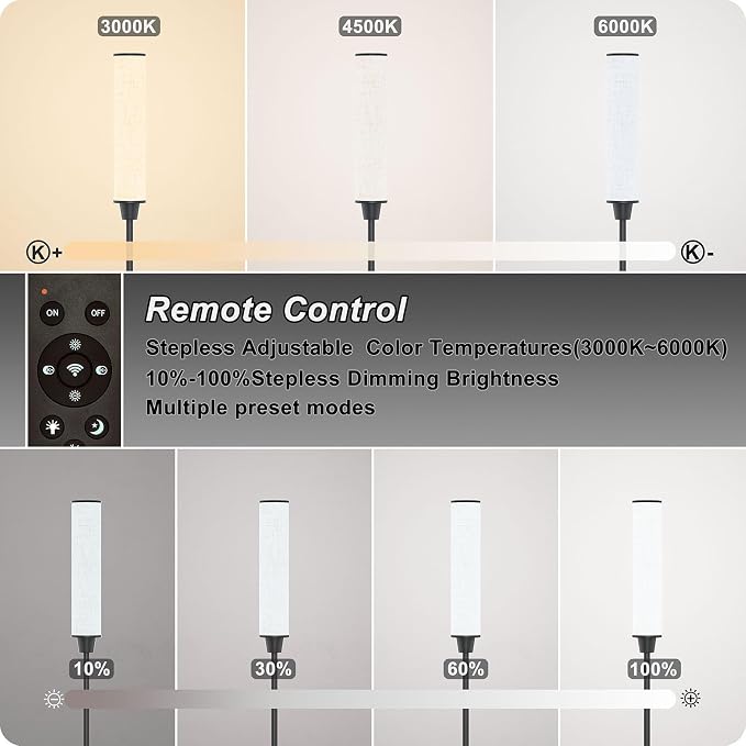 Nukanu Floor Lamp with Remote Control, Floor Lamps for Living Room/Bedroom/Office, Stepless Adjustable 3000K-6000K Colors and 10-100% Brightness,Standing Light with Foot Switch (Black+Beige Linen)