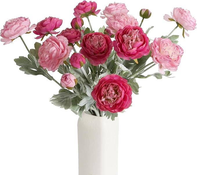 IPOPU Fake Peonies Artificial Ranunculus Flowers 6pcs 18Heads Pink Flowers Combo Hot Pink Silk Flowers 20.47" Artificial Flowers Bulk for Faux Floral Arrangements Home Table Decor (Multi-Pink)