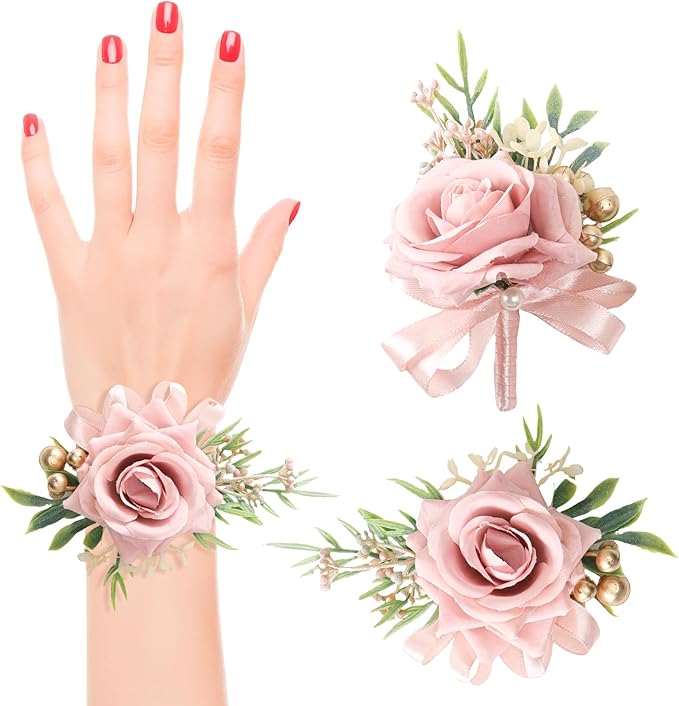 2 Pcs Pink Rose Wrist Corsage and Boutonniere Set, Rose Corsage Hand for Women, Boutonniere for Men Wedding Artificial Flowers Accessories Prom Decor, Wedding Party Accessories (Pink)