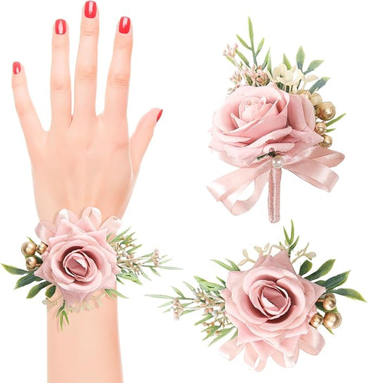 2 Pcs Pink Rose Wrist Corsage and Boutonniere Set, Rose Corsage Hand for Women, Boutonniere for Men Wedding Artificial Flowers Accessories Prom Decor, Wedding Party Accessories (Pink)