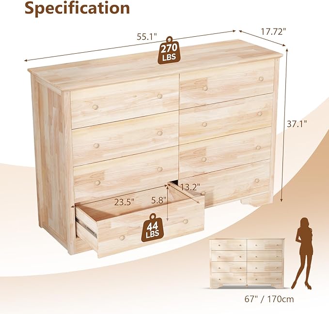 VINGLI 55" W Solid Wood Dresser 8 Drawer, Unfinished Chest for Color DIY, 55.1" W*17.72" D*37" H