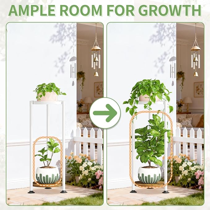 KMOTASUO 2 Tier White Plant Stand Indoor for Large Tall Heavy Duty Planter, Multiple Sturdy Metal Flower Corner Rack for Narrow House Floor, Iron Vertical Level Round Orchi Holder Organizer, Modern