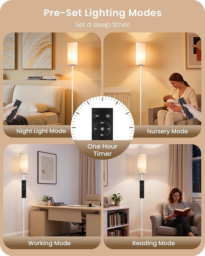 Dimmable Floor Lamps for Living Room with Remote and Foot Switch, 64.4” Modern Standing Tall Lamp, Corner Lamp for Bedroom, Office, Bulb Included, 3000K-6500K, Beige and White, FCC Listed WE06LD05W1