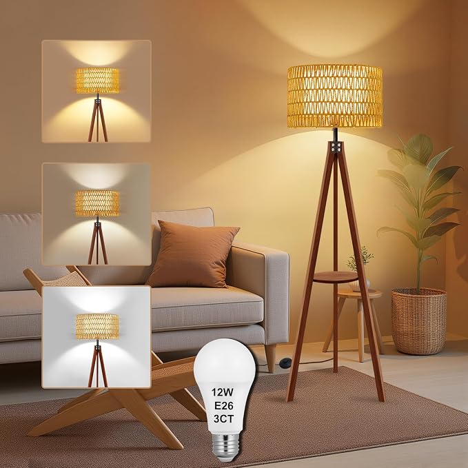 Rattan Wood Floor Lamp Tripod with Shelves, Mid Century Modern Floor Lamps for Living Room, 3 Color Temperatures with Foot Switch, Boho Standing Lamp for Bedroom Decor Walnut Brown Tall Lamps