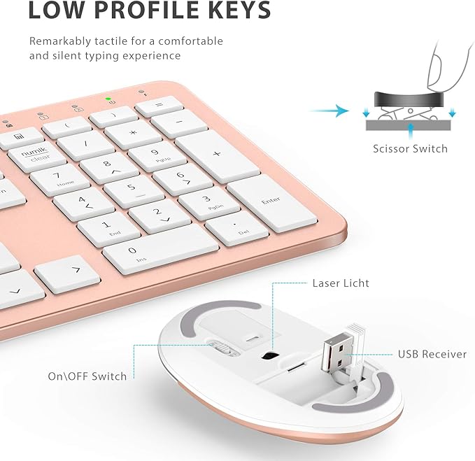 iClever GK08 Wireless Keyboard and Mouse Combo, USB-C Rechargeable Full-Size Keyboard with Numeric Keypad, Quiet Scissor Keys, 2.4 G Plug and Play, Compatible with Mac MacBook Windows PC Laptop