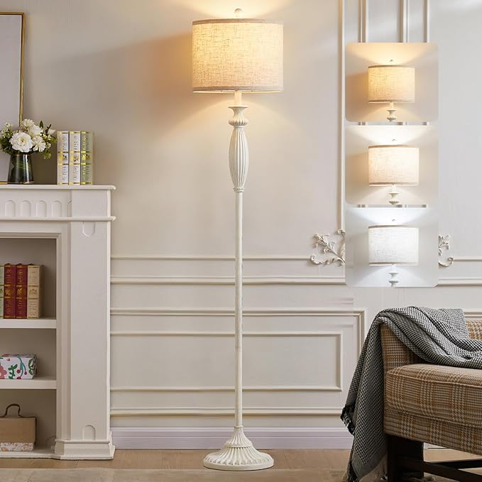63.8" Vintage Floor Lamp with Rotary Switch, Dimmable Color Temperature Standing Lamp, Retro Farmhouse Floor Lamps for Living Room, Bedroom, Hallway, Office, Room Decor, Antique White (Bulb Included)