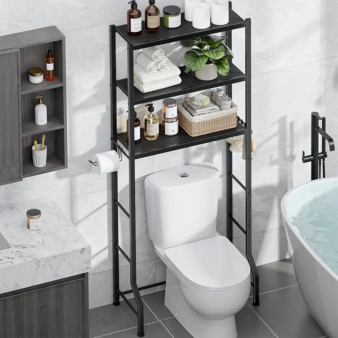 Kitsure Over The Toilet Storage Cabinet, Sturdy Bathroom Organizer, Easy Assembly, 3-Tier Shelf (61" H), Space Saving Storage for Small Bathroom, Heavy Duty Metal Frame, Black