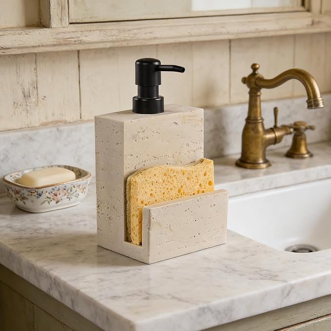Beige Travertine Soap Dispenser with Sponge Holder – Marble Look Hand & Dish Resin Soap Pump Bottle for Kitchen & Bathroom, 2-in-1 Countertop Organizer, with 2 Natural Sponges (Luxury Home Decor)