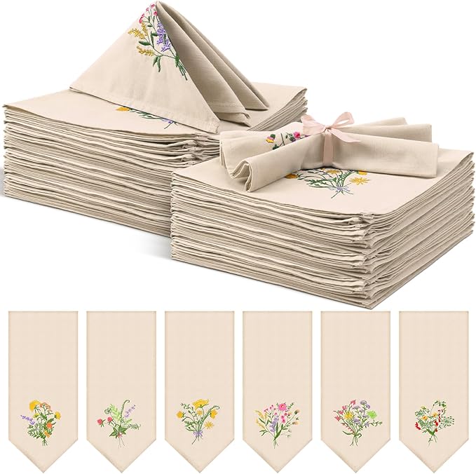 Tioncy 12 Pcs Christmas Floral Cloth Napkins Decorations Bulk Embroidered Wildflower Dinner Napkins Tea Cocktail Party Gifts Xmas Stocking Stuffers for Holiday Table Decor (Linen)