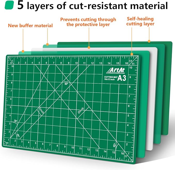 ArtAt Self Healing Cutting Mat:【10 Pack Cutting Mat 12″x 18″】 Green Double Sided Non-Slip 5 Layers PVC Durable Craft Sewing A3 Mat for Rotary Cutter
