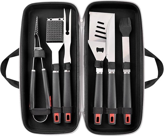 YJHOLE Grilling Accessories Set Spatula Fork Cleaning Brush Food Tongs Carving Knife Basting Brush Durable Stainless Steel BBQ Grill Tools with Extra Thick Storage Case BBQ Accessories Grill Set