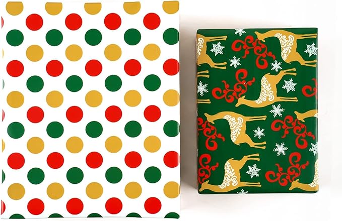 MAYPLUSS Christmas Reversible Wrapping Paper - Mini Roll - 17 Inch X 32.8 Feet - Gold Elk & Polka dots Pattern (47.3 sq.ft.ttl)