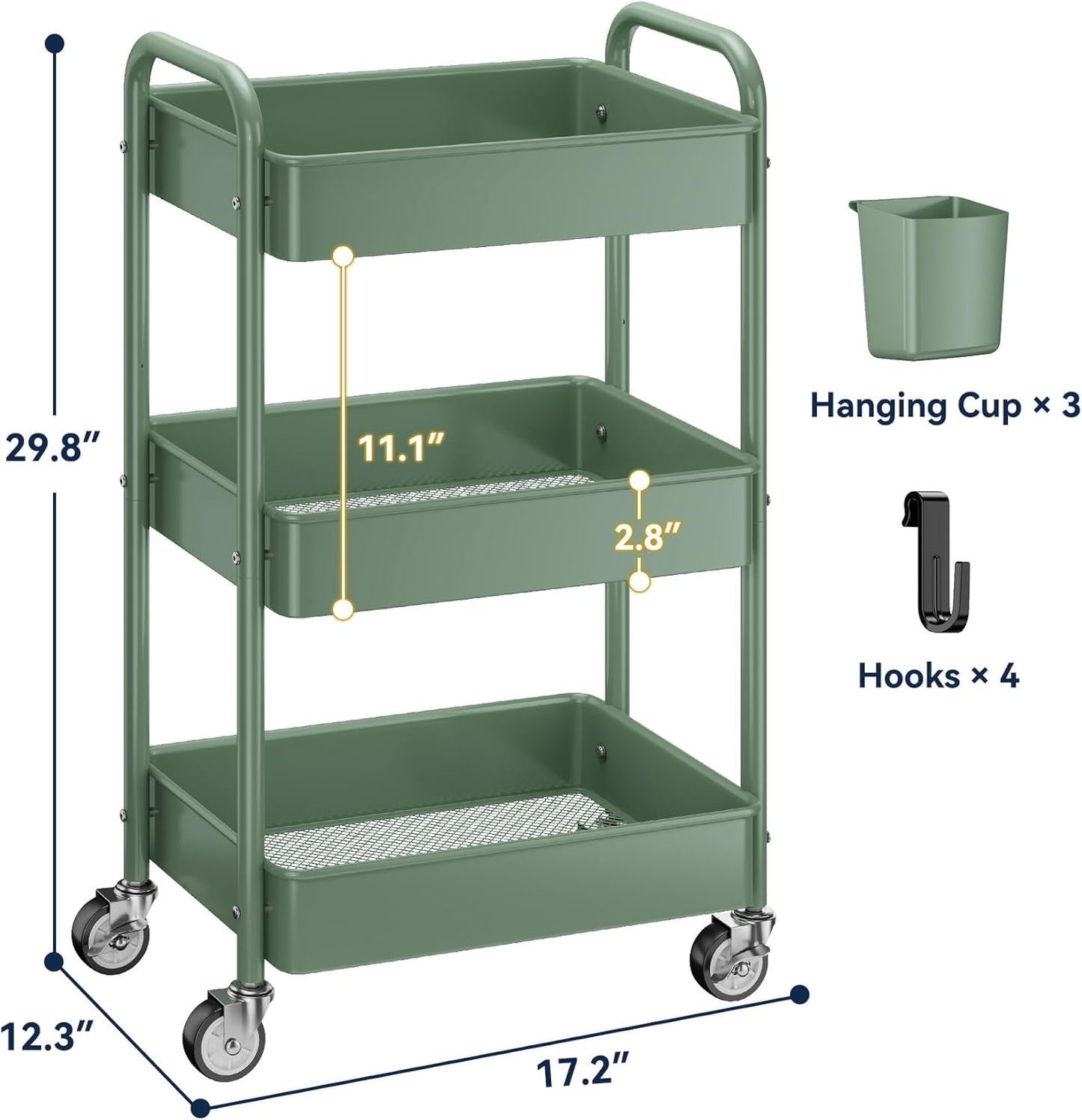 YASONIC 3-Tier Rolling Cart - Green Mesh Storage Organizer with Lockable Wheels & Hooks | 66 lbs Capacity