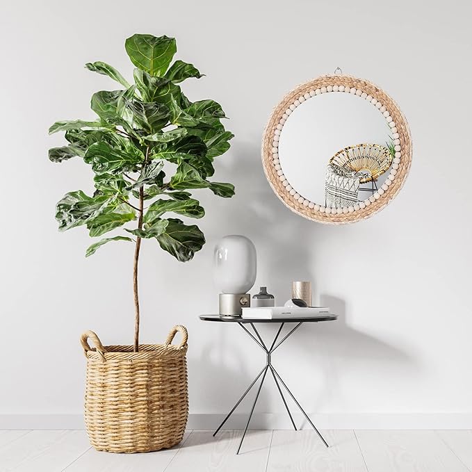 15 Inch Boho Round Hanging Wall Mirror Decorative Rattan Circle Mirrors for Farmhouse, Living Room, Bedroom