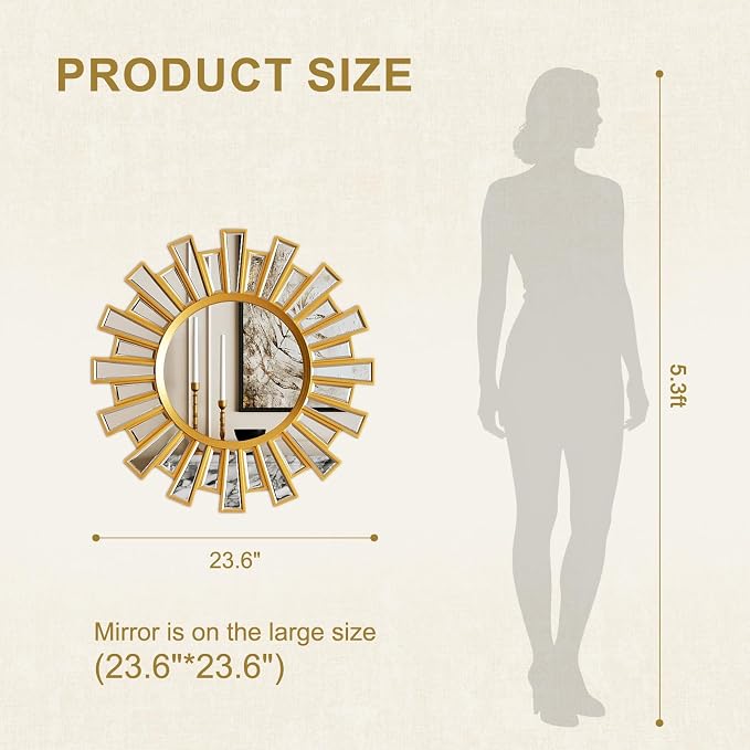 Gold Large Sunburst Wall Mirror - 24 inch Round Beveled Sun Mirror with Layered Metal Frame for Wall Decorative Modern Boho Wall Art for Entryway Bedroom Living Room Hallway Bathroom Dining Room
