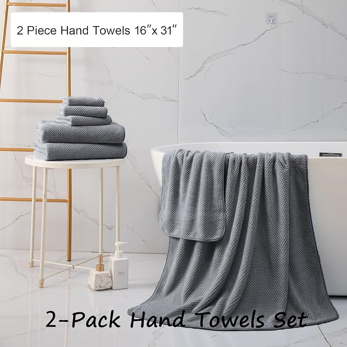 2 Pcs Gray Hand Towel Set 16"x31" Soft Highly Absorbent Quick Dry Bathroom Towels Polyester Plush Towels Set Woven Towels for Bathroom Kitchen Hotel Spa Gym