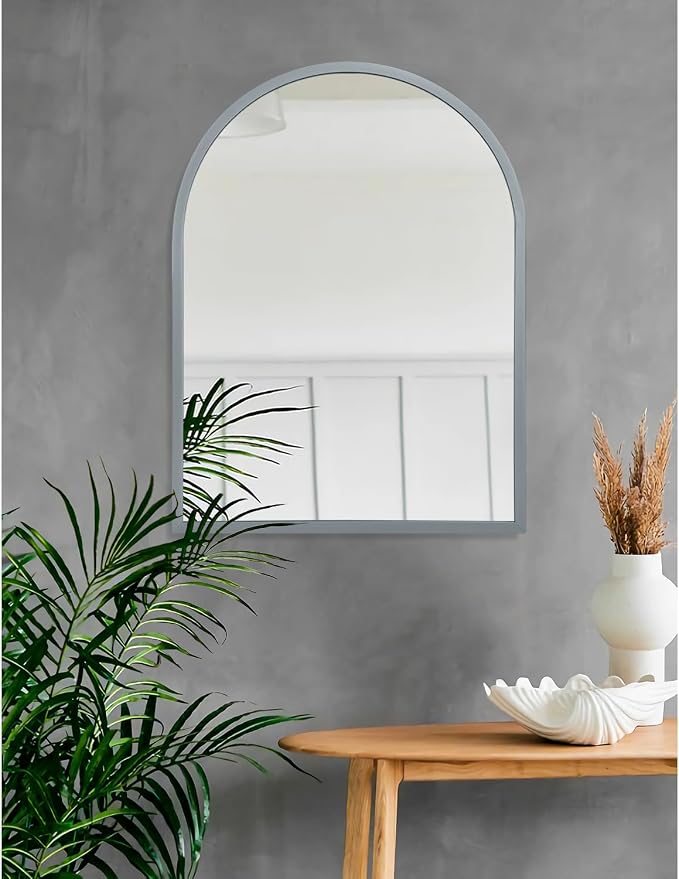 Arch Wall Mirror Bathroom Mirror Metal Framed Mirrors, Arched Wall Mounted Vanity Mirror for Bedroom Entryway Living Room 26"x18" Gray