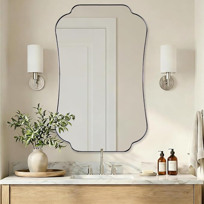 ANDY STAR 30x48 Brushed Nickel Mirror, Large Silver Scalloped Bathroom Wall Mirror with Metal Frame for Vanity, Vintage Scalloped Edge Design with Anti-Rust SUS Frame