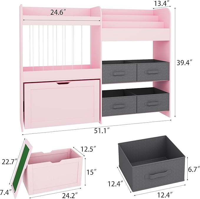 Toy Storage Organizer with Stuffed Animal Storage - Kids Bookshelf with 4 Removable Bins and 1 Movable Toy Storage Bin, 3-Tier Bookshelf with Building Block Play Table for Kids Room Playroom (Pink)