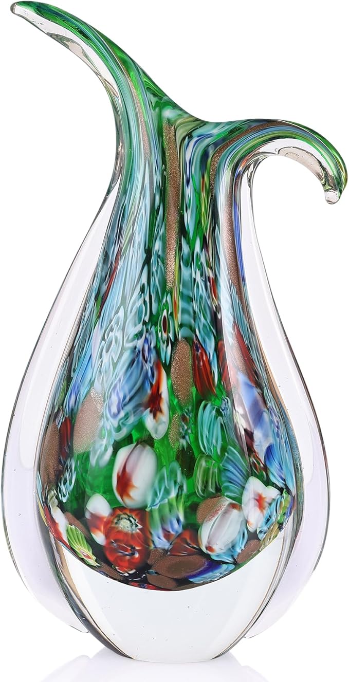 Green Hand Blown Glass Vase – Oval Decorative Art Glass for Centerpieces, Murano Inspired Decor for Dining Room, Entryway Table, or Shelf, Handmade Glass Vase for Home Display (Teal Green)