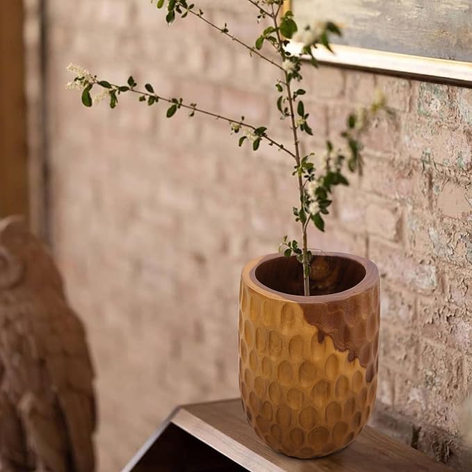 Teak Wooden Handcrafted Vase 6.7" x 6.7" x 9.5"H Natural Wood Pot Handmade Rustic Flower Holder for Entry Table Brown Stain Vintage Artworks Planter for Living Room Home Christmas Décor