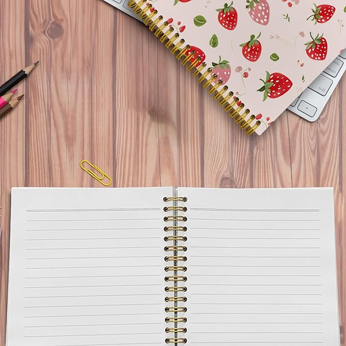 JKMBN Cute Strawberry Journaling Notebooks, Preppy Pink Spiral Notebook, Pink Office Supplies, Cute Notebooks for Women Girls, Hardcover Spiral Notebooks College Ruled 5.5 x 8.3