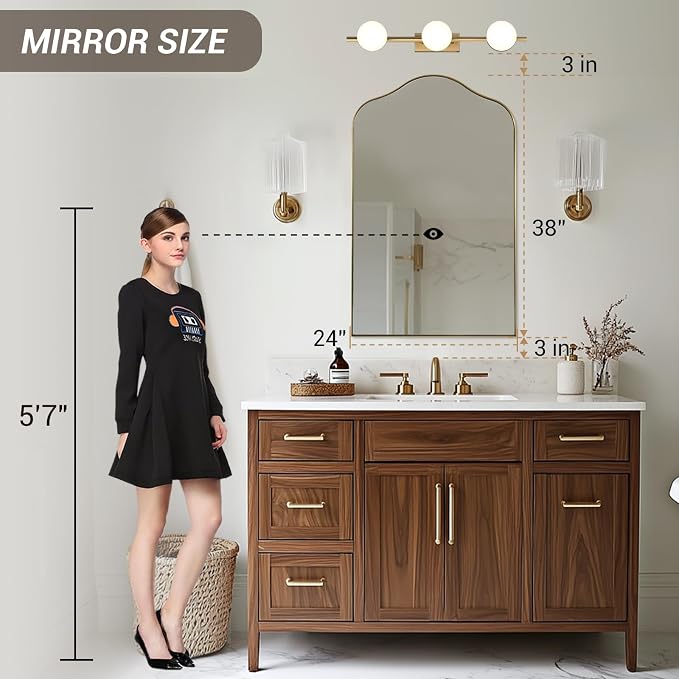 ANDY STAR Brass Scalloped Arched Wall Mirror, 24x38 Brushed Gold Irregular Bathroom Mirror with Curved Design for Vanity, Powder Room, Fireplace, Mantel, Stainless Steel Frame, Rustproof