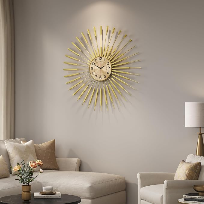 Cuspin 30 Inch Large Wall Clock Gold Clock Wall Decor, Mid Century Modern Sunburst Silent Non Ticking Battery Operated Decorative Metal Wall Clocks for Living Room, Dining Room, Bedroom, Office