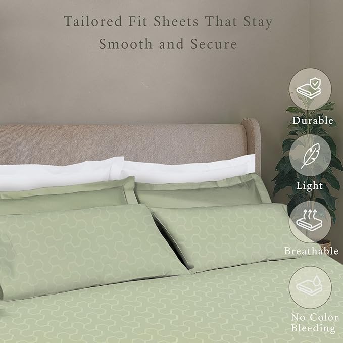 Threadmill 500 Thread Count Twin-XL Size 3 Pc Luxury Cotton Bed Sheet Set, Jacquard Floria Sage Green, Breathable Sheets with 15" Elasticized Deep Pocket, 1 Pillowcase & Free Tote Bag