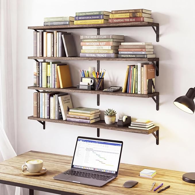YGEOMER Floating Shelves for Wall, 35in Brown Wall Shelves for Living Room, Bathroom, Bedroom, Kitchen, Home Decor (Set of 4)