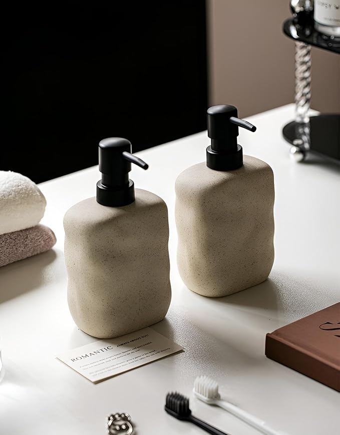 Modern Organic Ceramic Soap Dispenser – Matte Stone Textured Hand Sanitizer Pump – Minimalist Bathroom & Kitchen Decor